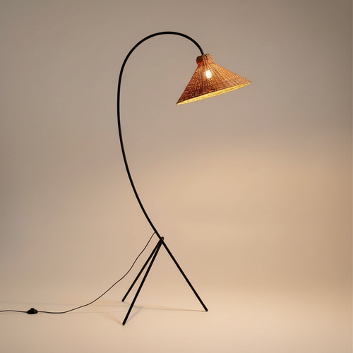 Arc Floor Lamp | Tripod Design with Rattan Cone Shade | Elegant Lighting for Cozy Ambiance 0