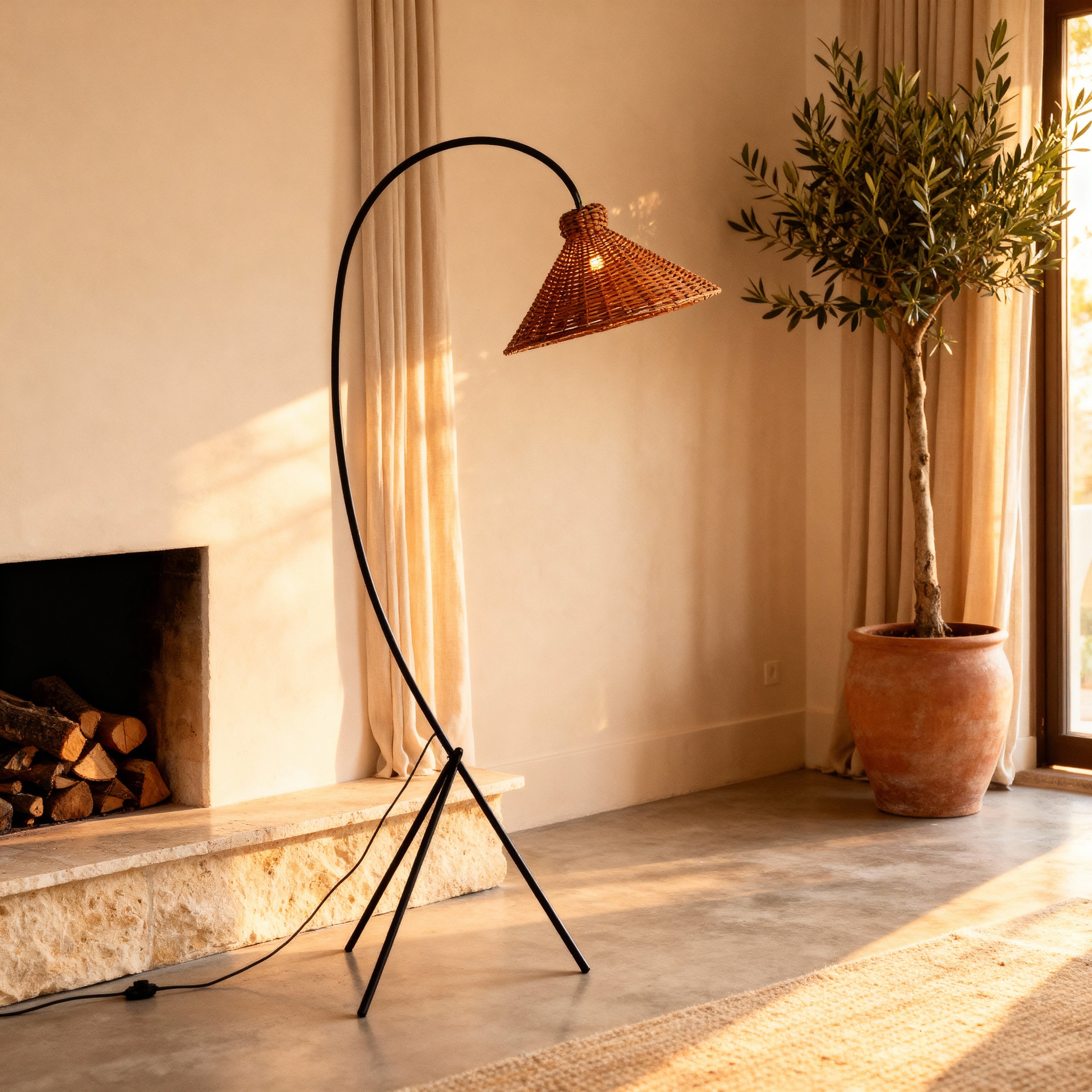 Arc Floor Lamp | Tripod Design with Rattan Cone Shade | Elegant Lighting for Cozy Ambiance 1