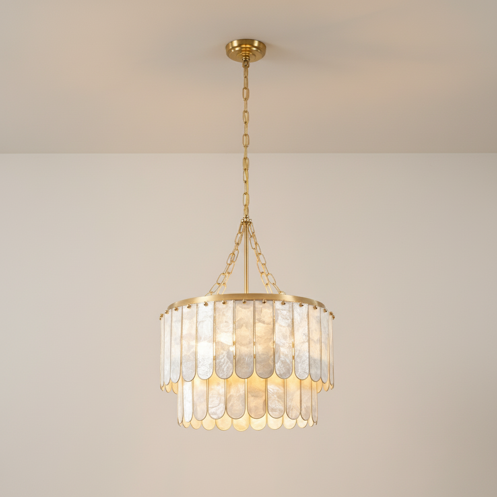 Capiz Shell Chandelier | Tiered Design with Warm Brass Frame | Elegant Lighting for Dining Rooms 0