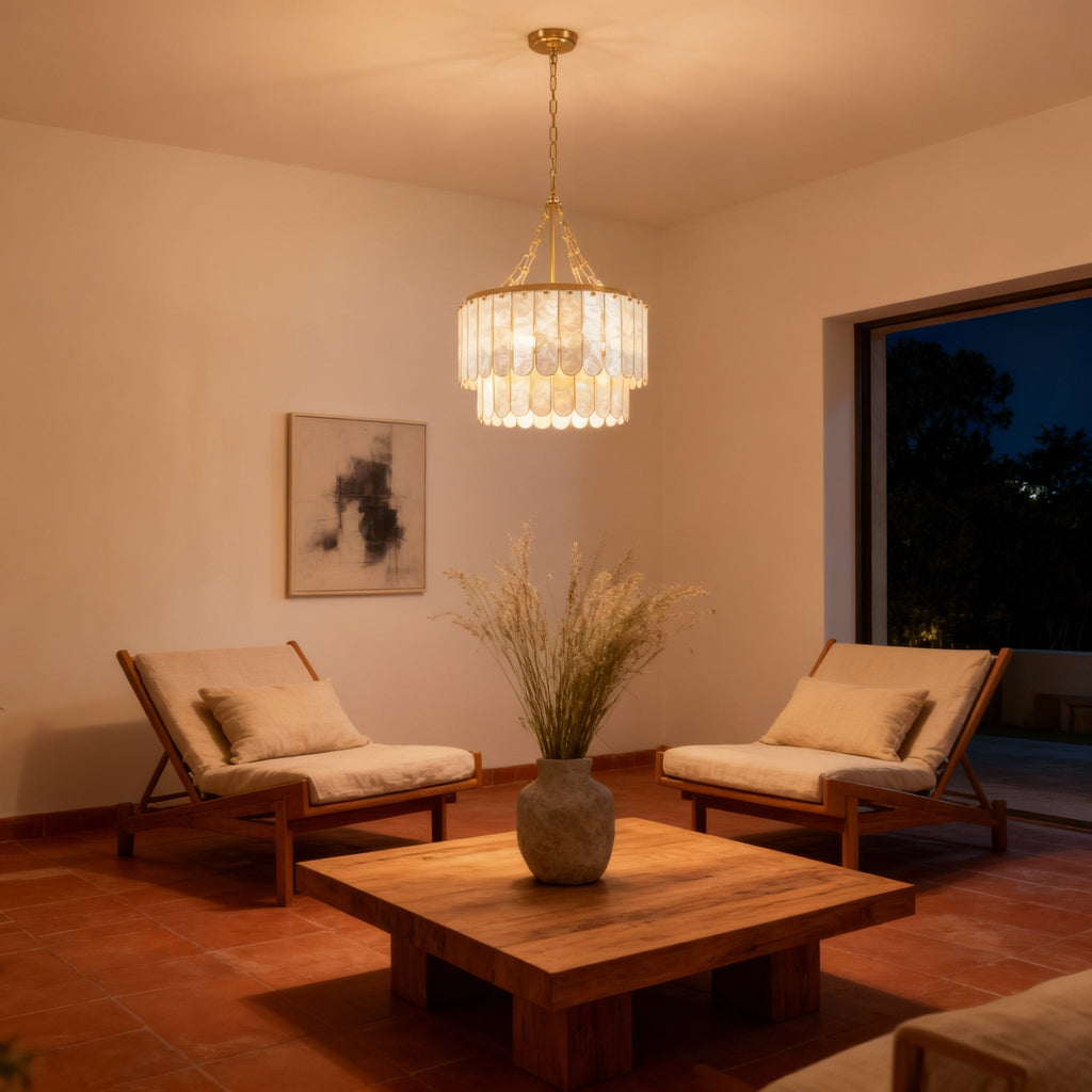 Capiz Shell Chandelier | Tiered Design with Warm Brass Frame | Elegant Lighting for Dining Rooms 1