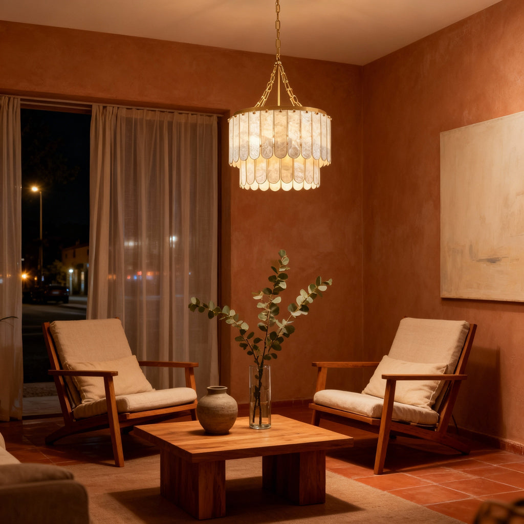 Capiz Shell Chandelier | Tiered Design with Warm Brass Frame | Elegant Lighting for Dining Rooms 2