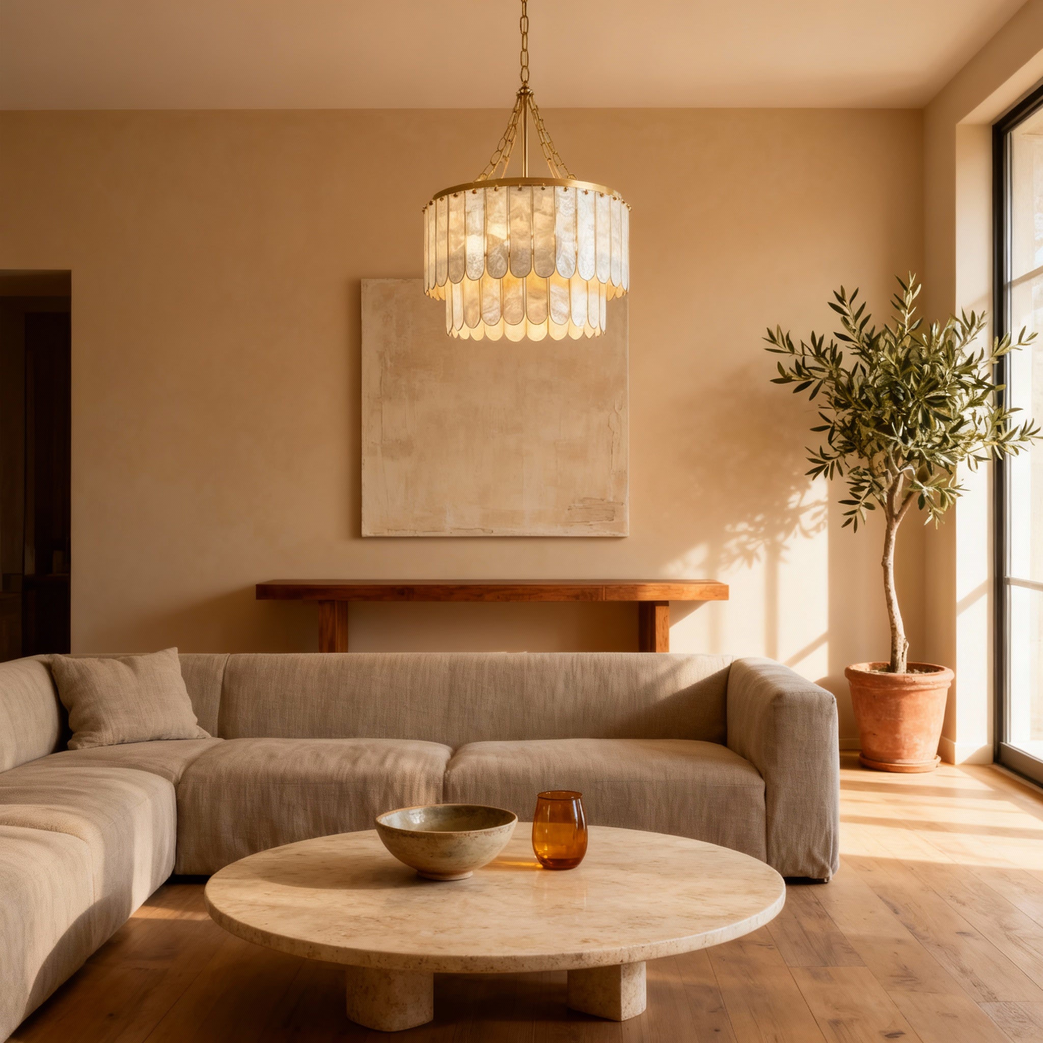 Capiz Shell Chandelier | Tiered Design with Warm Brass Frame | Elegant Lighting for Dining Rooms 3