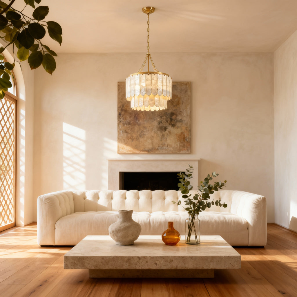 Capiz Shell Chandelier | Tiered Design with Warm Brass Frame | Elegant Lighting for Dining Rooms 4