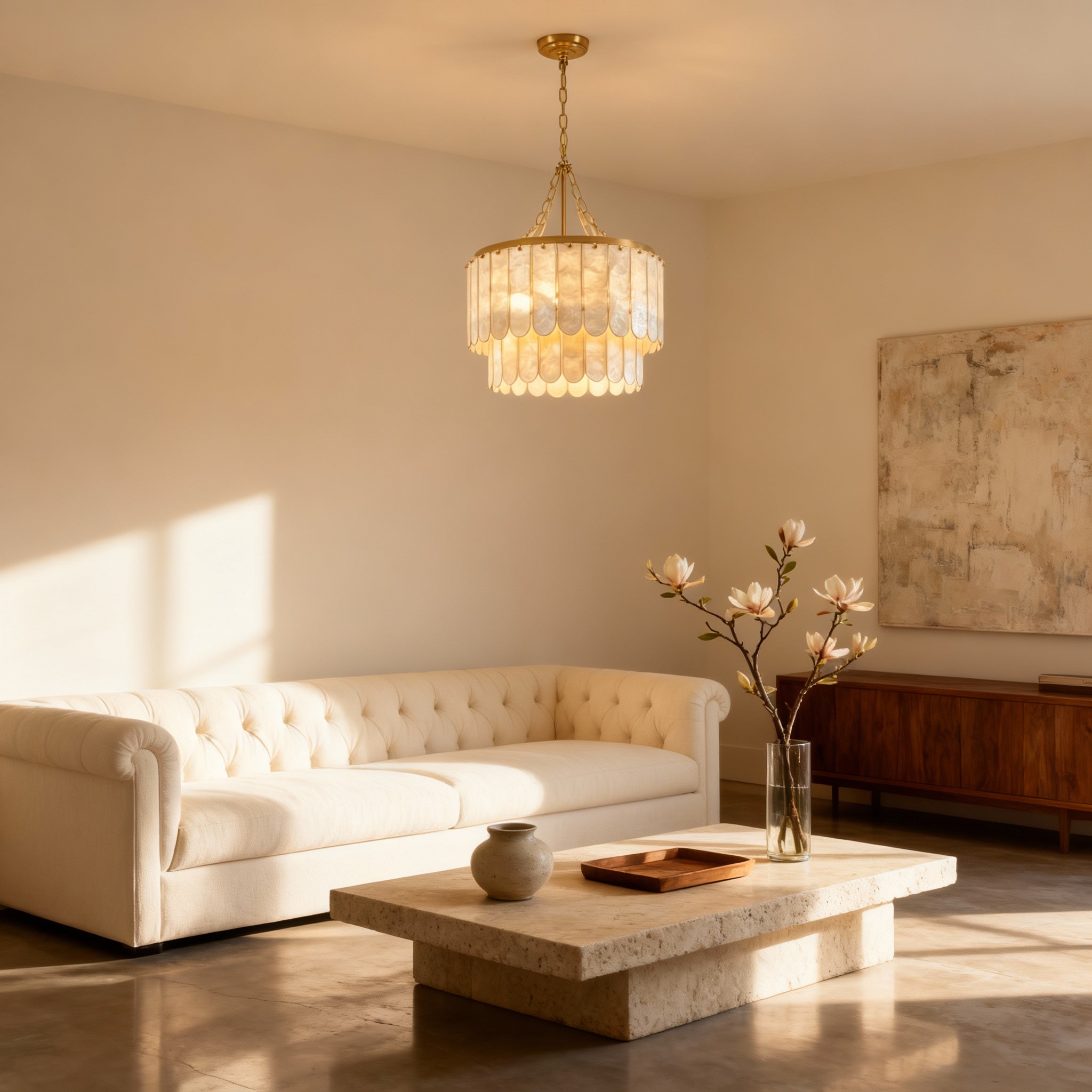 Capiz Shell Chandelier | Tiered Design with Warm Brass Frame | Elegant Lighting for Dining Rooms 5