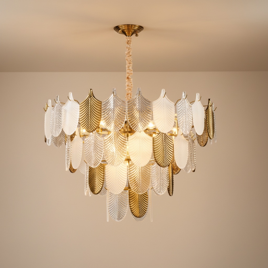 Modern Chandelier | Gold Chandelier Light with Layered Glass Leaves | Elegant Illumination for Dining Rooms 0