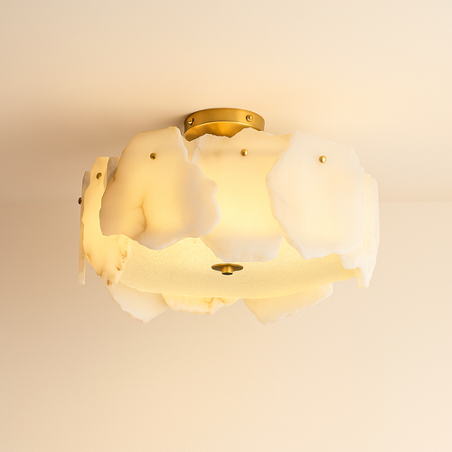 Modern Flush Mount Ceiling Light with Alabaster Design & Brass Base | Ambient Glow for Living Spaces 0
