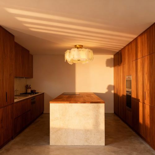 Modern Flush Mount Ceiling Light with Alabaster Design & Brass Base | Ambient Glow for Living Spaces 1