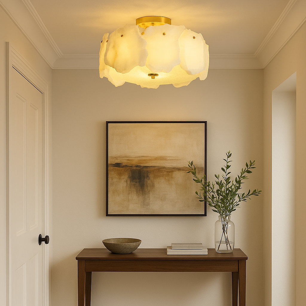 Modern Flush Mount Ceiling Light with Alabaster Design & Brass Base | Ambient Glow for Living Spaces 2