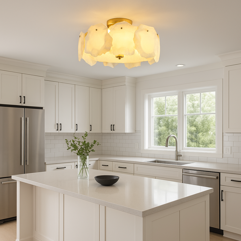 Modern Flush Mount Ceiling Light with Alabaster Design & Brass Base | Ambient Glow for Living Spaces 4