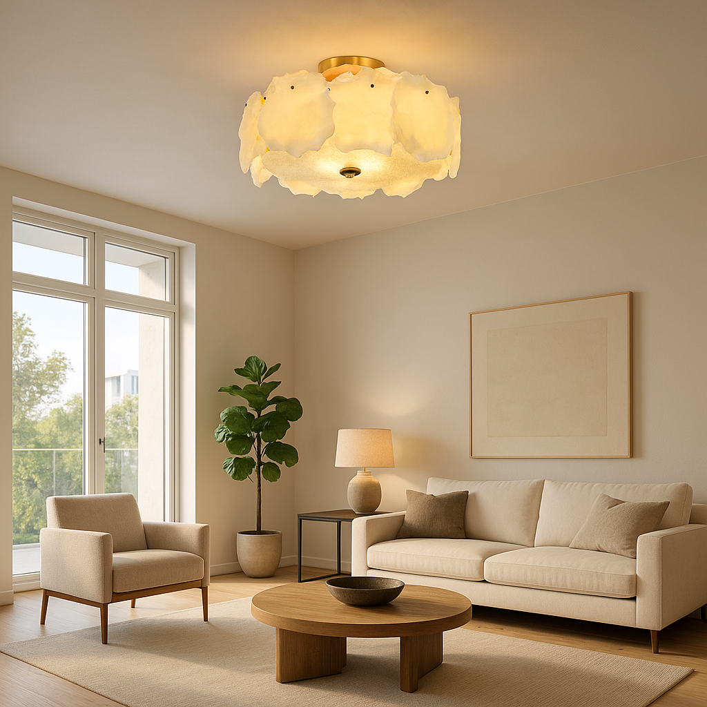 Modern Flush Mount Ceiling Light with Alabaster Design & Brass Base | Ambient Glow for Living Spaces 5