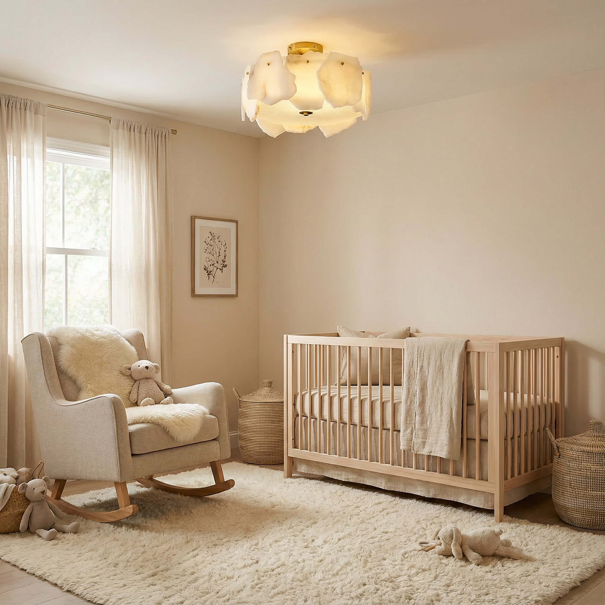 Modern Flush Mount Ceiling Light with Alabaster Design & Brass Base | Ambient Glow for Living Spaces 6