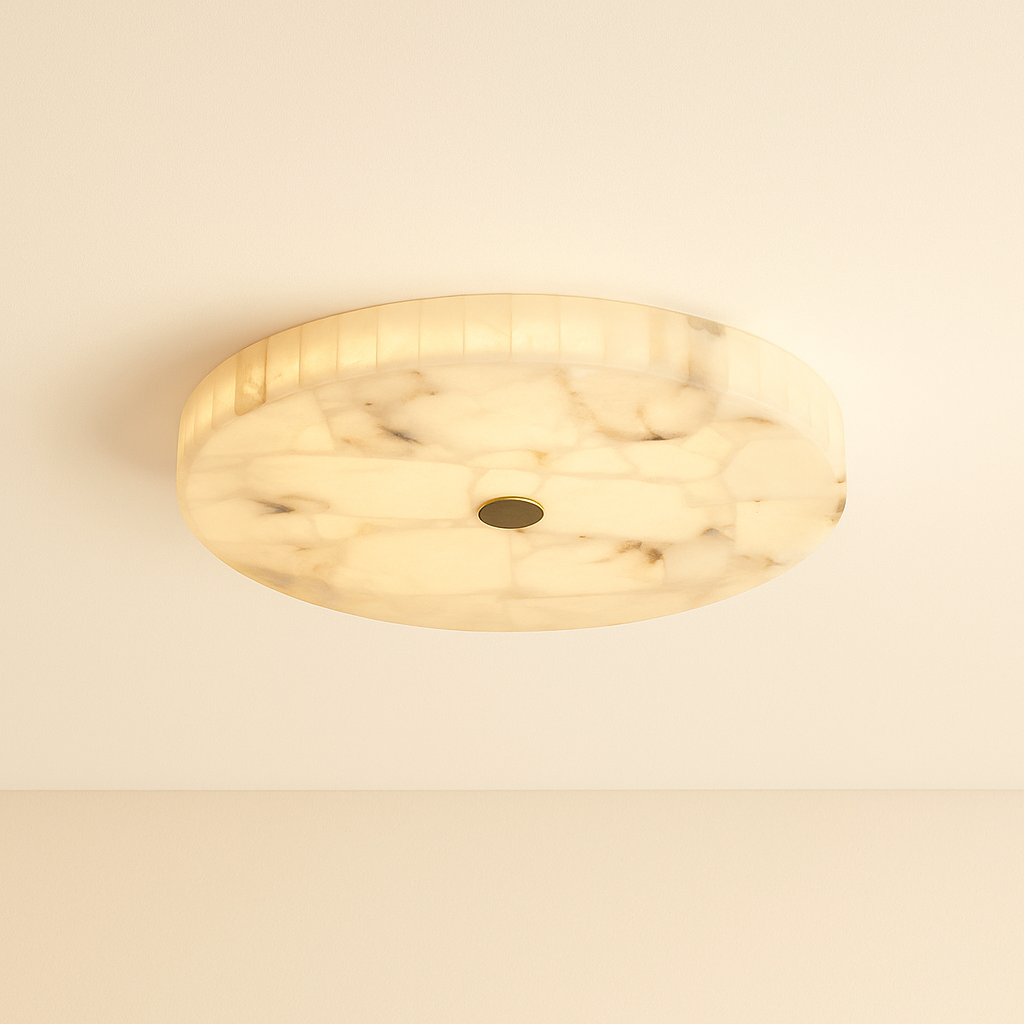 Modern Flush Mount Ceiling Light with Alabaster & Copper Accents | Low-Profile Design for Elegant Ambiance 0