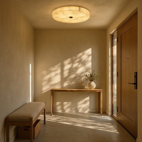 Modern Flush Mount Ceiling Light with Alabaster & Copper Accents | Low-Profile Design for Elegant Ambiance 1