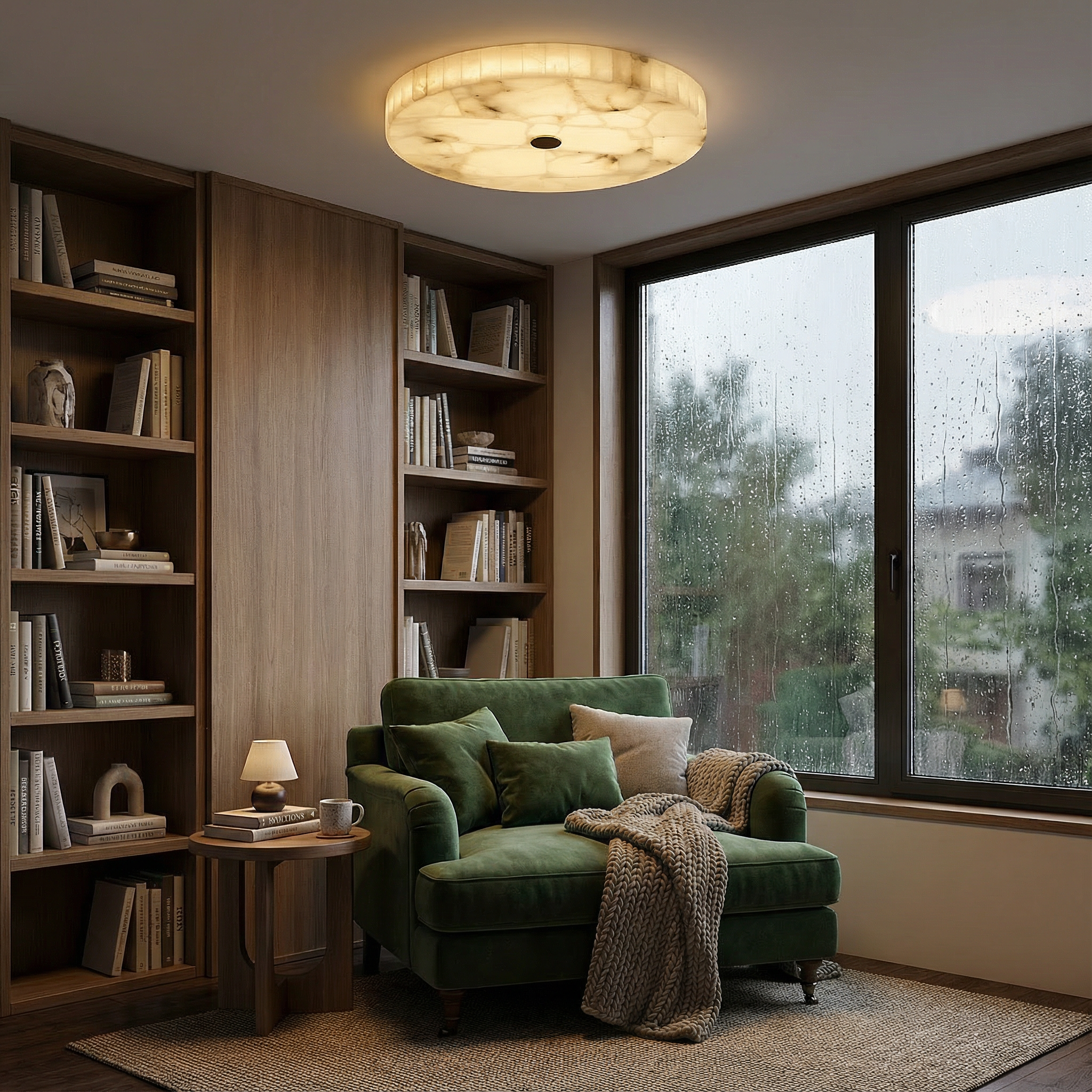 Modern Flush Mount Ceiling Light with Alabaster & Copper Accents | Low-Profile Design for Elegant Ambiance 3