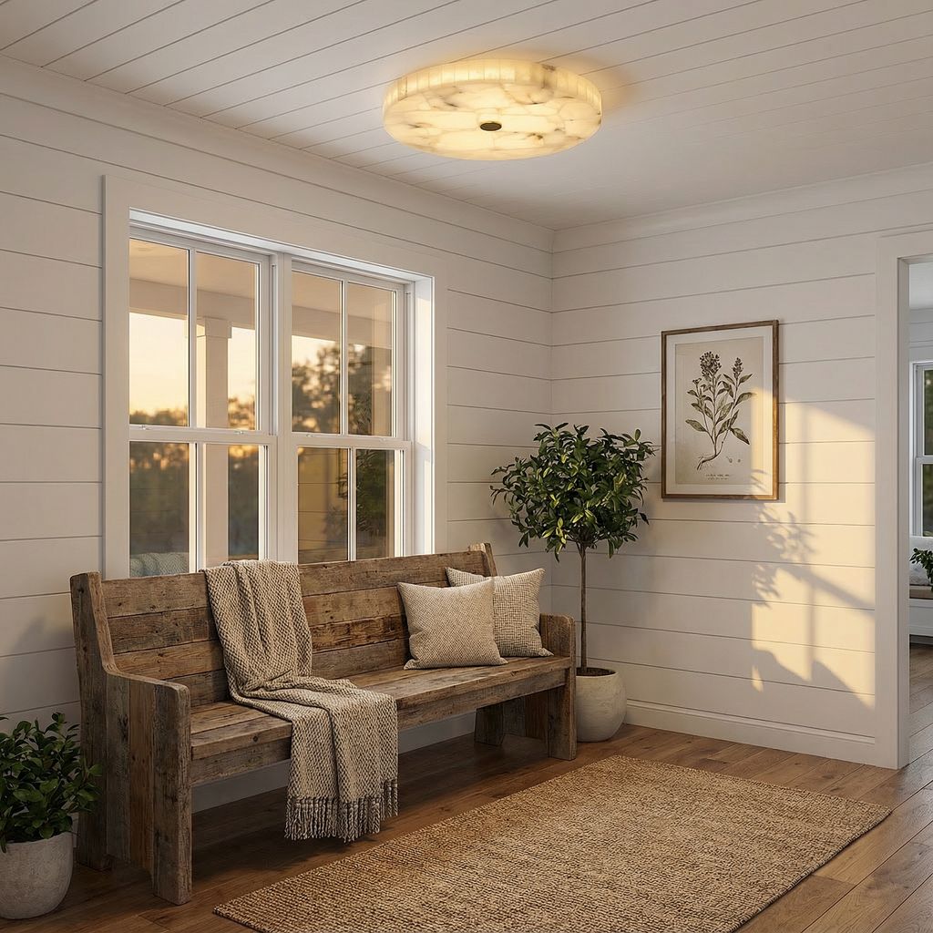 Modern Flush Mount Ceiling Light with Alabaster & Copper Accents | Low-Profile Design for Elegant Ambiance 4