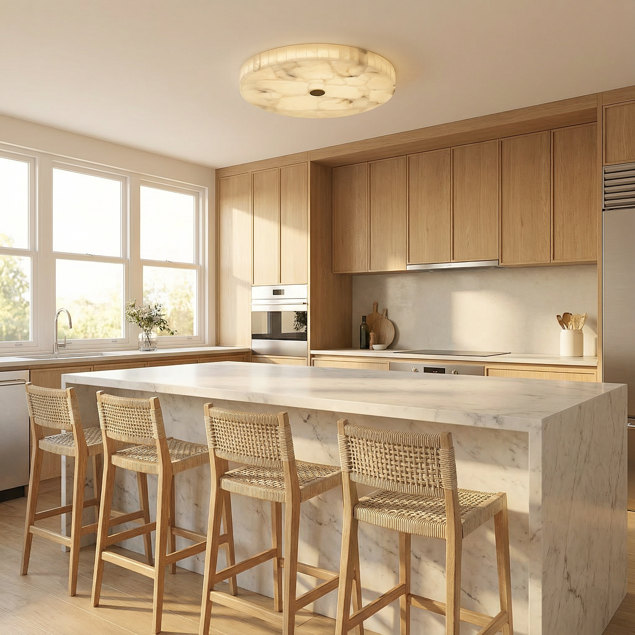 Modern Flush Mount Ceiling Light with Alabaster & Copper Accents | Low-Profile Design for Elegant Ambiance 5