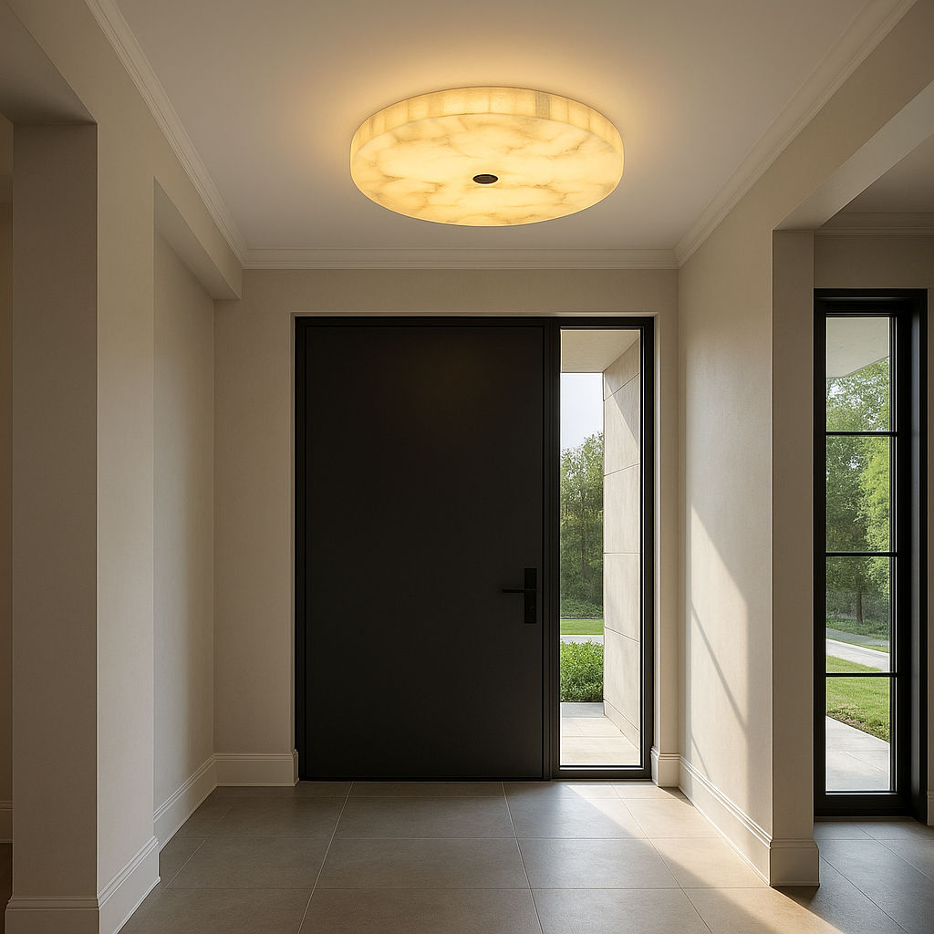 Modern Flush Mount Ceiling Light with Alabaster & Copper Accents | Low-Profile Design for Elegant Ambiance 6