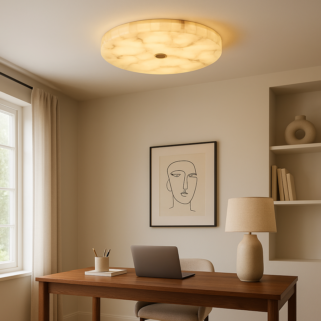 Modern Flush Mount Ceiling Light with Alabaster & Copper Accents | Low-Profile Design for Elegant Ambiance 7