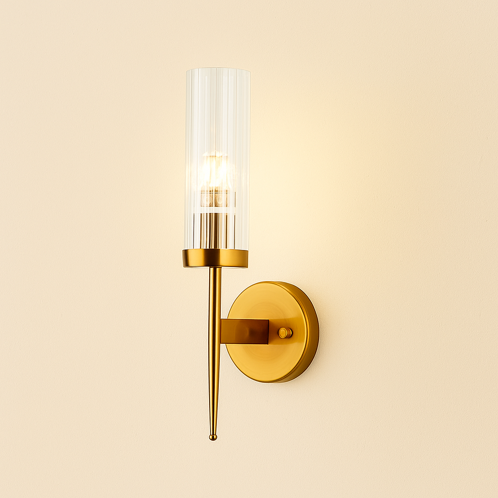 Modern Ribbed Glass Wall Sconce Lighting with Elegant Metallic Accent | Ideal for Ambient Illumination 0