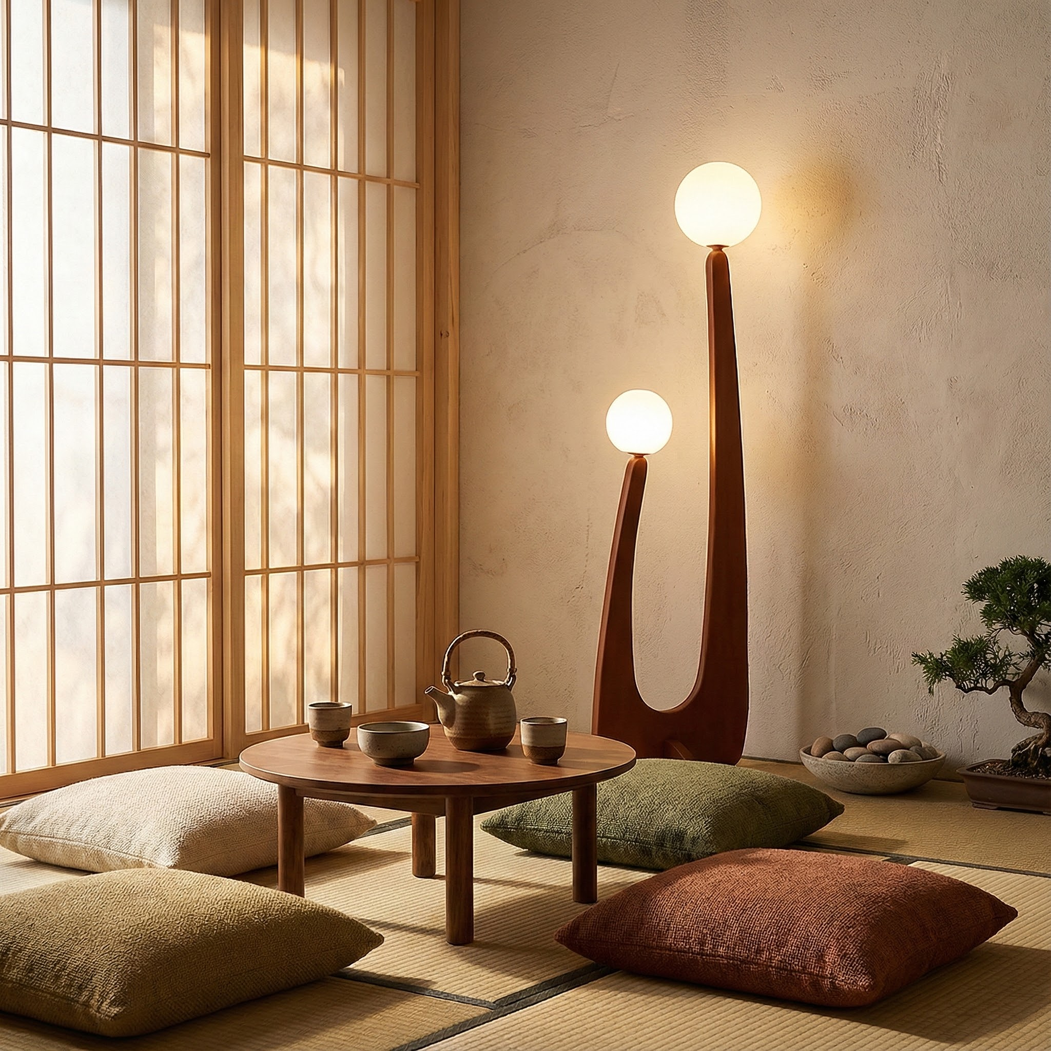 VeroWood | Modern Floor Lamp with Curved Wooden Design & Glass Globes | Stylish Illumination for Cozy Living Rooms 1